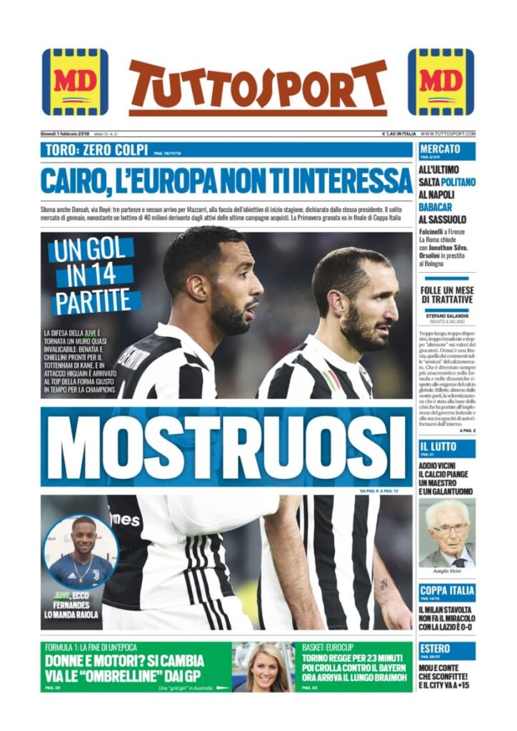 Rassegna Bianconera di giovedì 1 febbraio 2018 1 TS1218