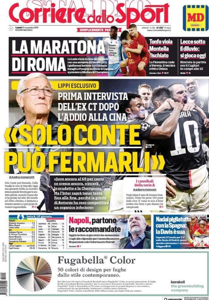 Rassegna stampa Juve: le prime pagine dei quotidiani sportivi - 25 novembre 2019 44 corriere 25
