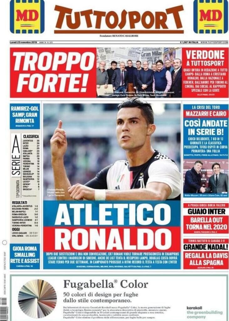 Rassegna stampa Juve: le prime pagine dei quotidiani sportivi - 25 novembre 2019 43 tuttosport 33