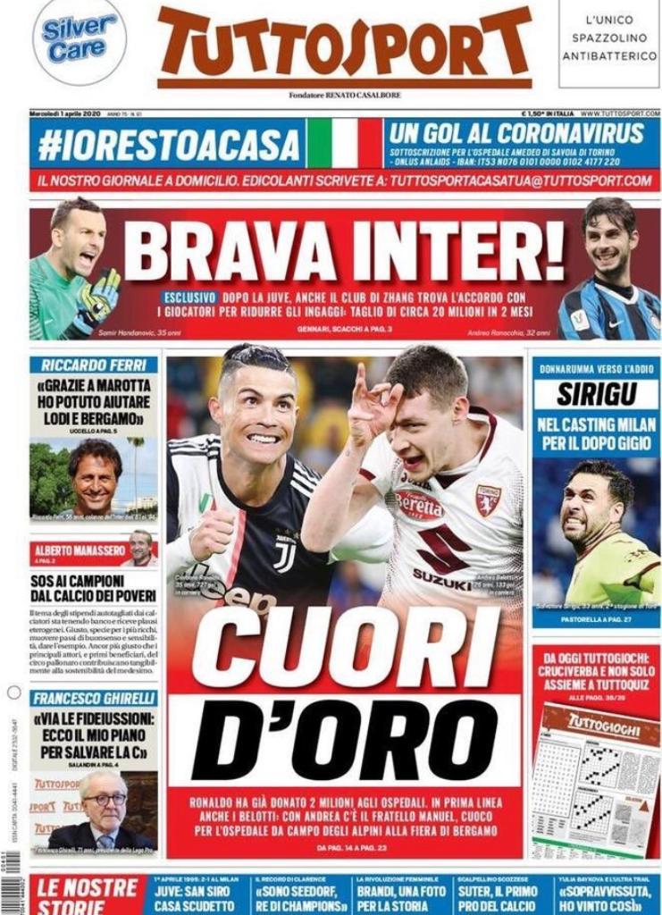 Rassegna stampa Juve: le prime pagine dei quotidiani sportivi - 1 aprile 2020 45 tuttosport
