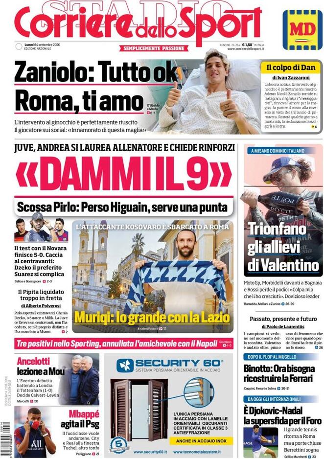 Rassegna stampa Juve: prime pagine quotidiani sportivi - 14 settembre 2020 45 corriere 6
