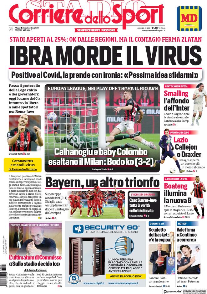 Rassegna stampa Juve: prime pagine quotidiani sportivi - 25 settembre 2020 44 corriere dello sport 2020 09 25 5f6d1bc02a268