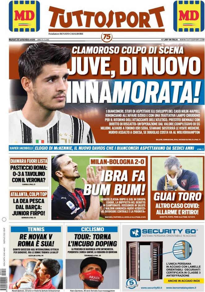 Rassegna stampa Juve: prime pagine quotidiani sportivi - 22 settembre 2020 44 ts