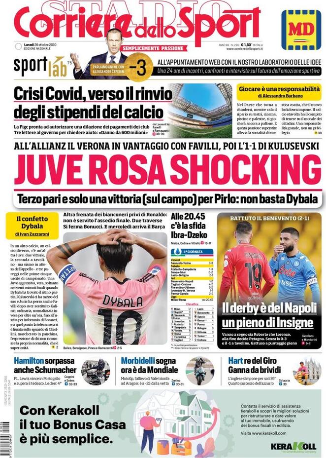 Rassegna stampa Juve: prime pagine quotidiani sportivi - 26 ottobre 2020 45 corriere 8