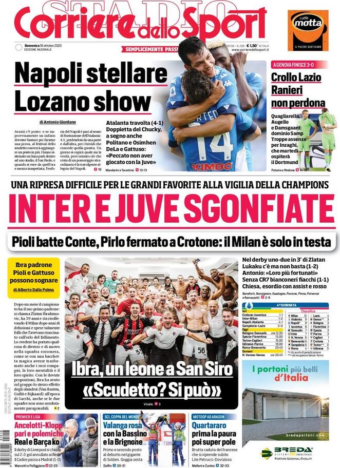 Rassegna stampa Juve: prime pagine quotidiani sportivi - 18 ottobre 2020 44 corriere dello sport