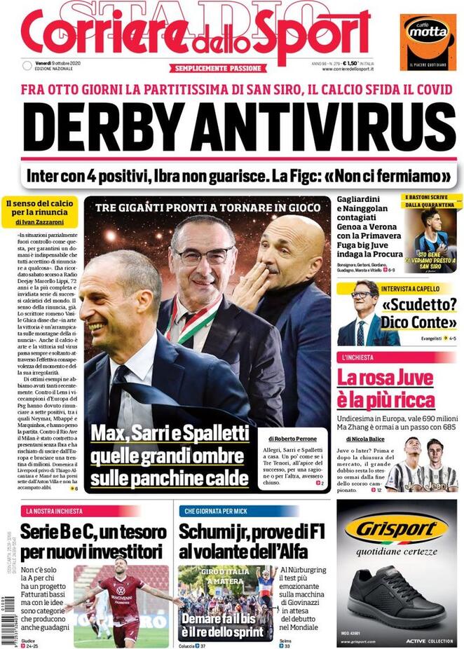 Rassegna stampa Juve: prime pagine quotidiani sportivi - 9 ottobre 2020 44 corriere dello sport 2020 10 09 5f7f8ecde92ae