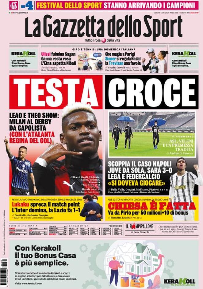 Rassegna stampa Juve: prime pagine quotidiani sportivi - 5 ottobre 2020 44 gazzetta 1