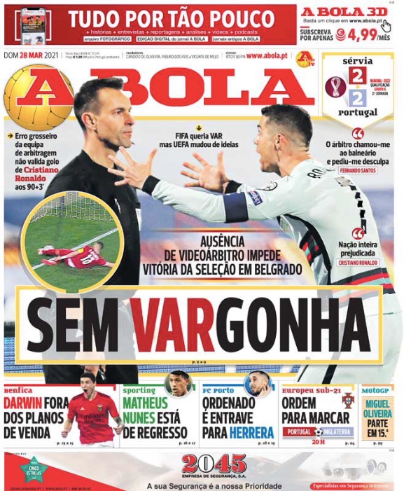 Gol fantasma Ronaldo, A Bola in prima pagina: «Senza VARgogna» 39 a bola