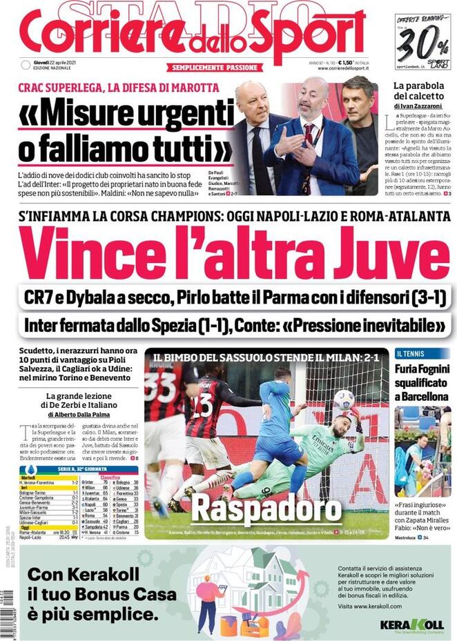 Rassegna stampa Juve: prime pagine quotidiani sportivi - 22 aprile 2021 43 cds1