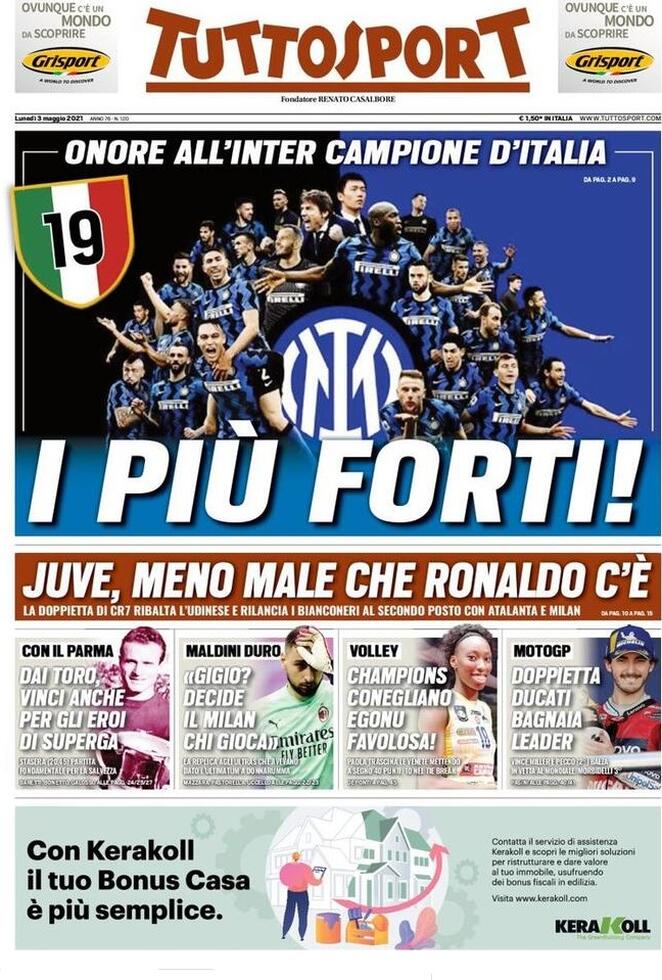 Rassegna stampa Juve: prime pagine quotidiani sportivi - 3 maggio 2021 43 tuttosport 2