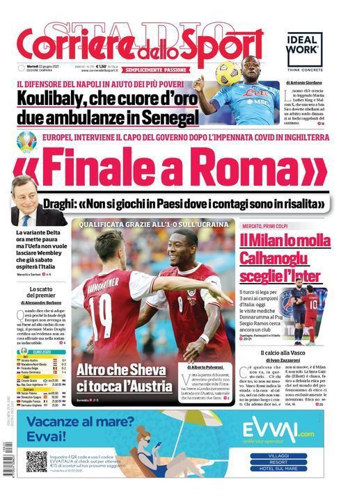 Rassegna stampa Juve: prime pagine quotidiani sportivi - 22 giugno 2021 45 corriere 2