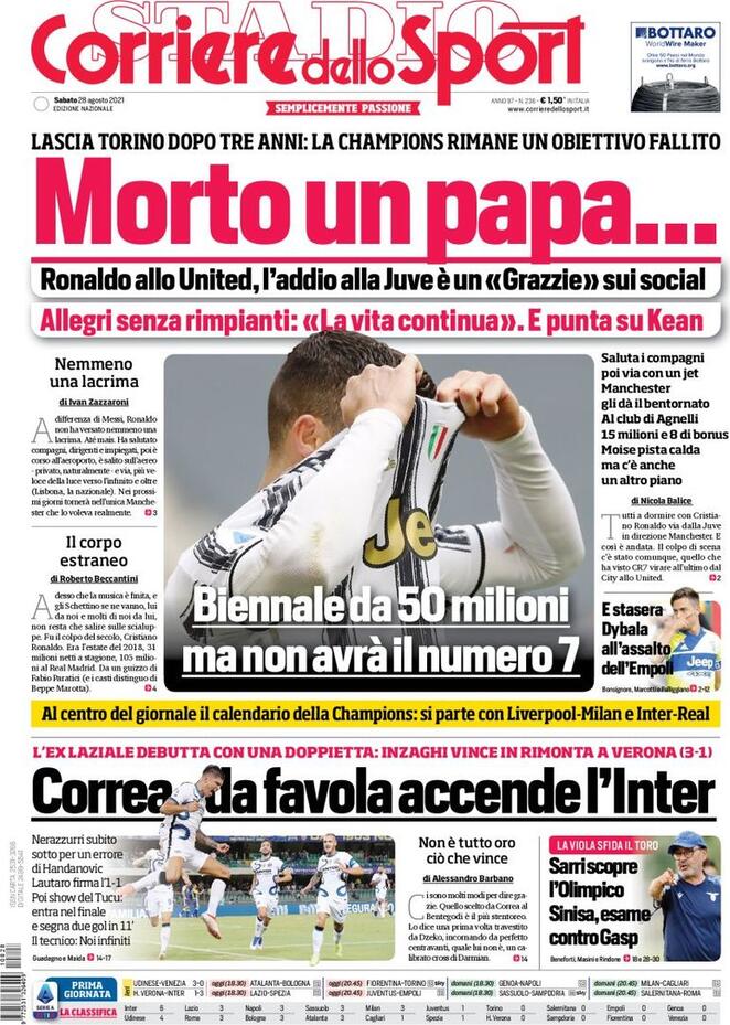 Rassegna stampa Juve: prime pagine quotidiani sportivi - 28 agosto 2021 45 corriere 1