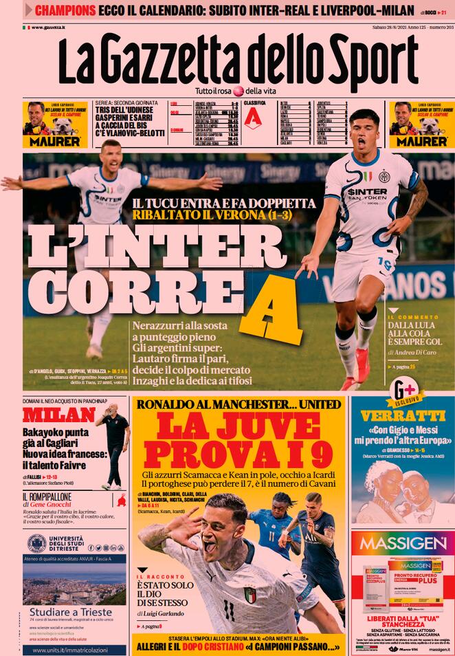 Rassegna stampa Juve: prime pagine quotidiani sportivi - 28 agosto 2021 44 gazzetta 1