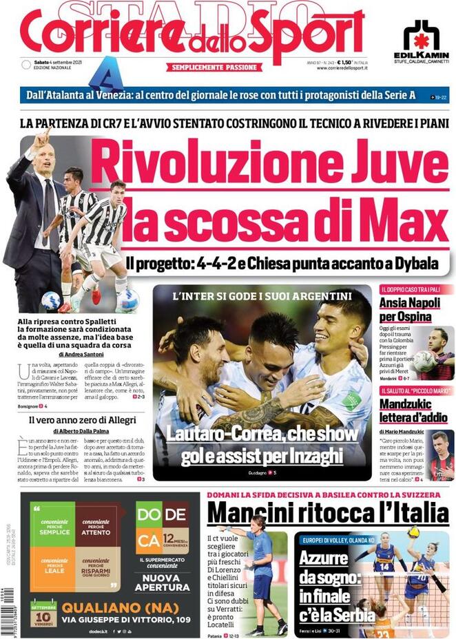 Rassegna stampa Juve: prime pagine quotidiani sportivi - 4 settembre 2021 45 corriere dello sport 2021 09 04 61329d058eaae