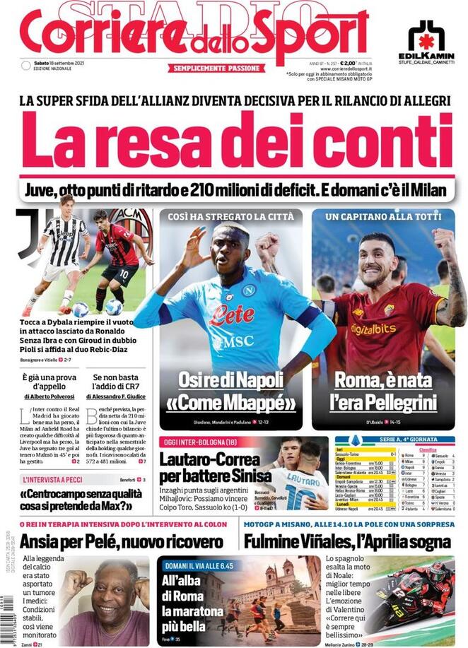 Rassegna stampa Juve: prime pagine quotidiani sportivi - 18 settembre 2021 9 corriere dello sport 2021 09 18 614511987c491