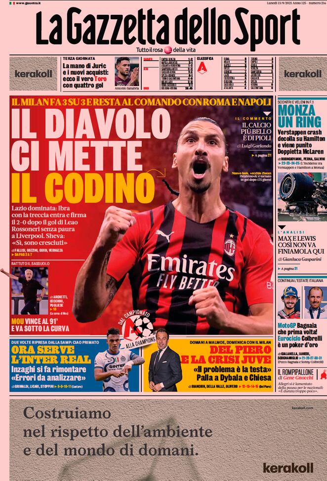 Rassegna stampa Juve: prime pagine quotidiani sportivi - 13 settembre 2021 44 gazzetta 1