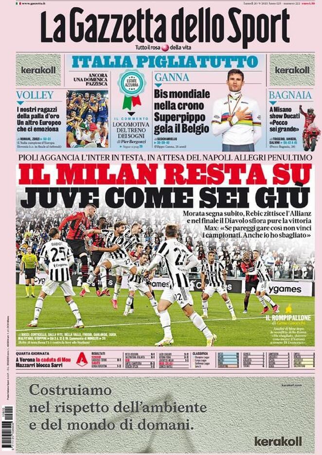Rassegna stampa Juve: prime pagine quotidiani sportivi - 20 settembre 2021 45 gazzetta