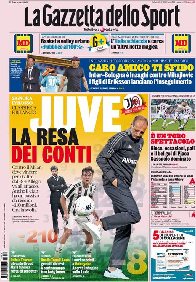 Rassegna stampa Juve: prime pagine quotidiani sportivi - 18 settembre 2021 8 la gazzetta dello sport 2021 09 18 61451ced8f558