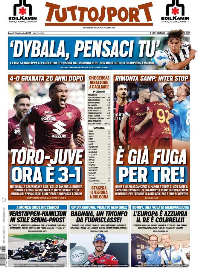 Rassegna stampa Juve: prime pagine quotidiani sportivi - 13 settembre 2021 43 tuttosport 2
