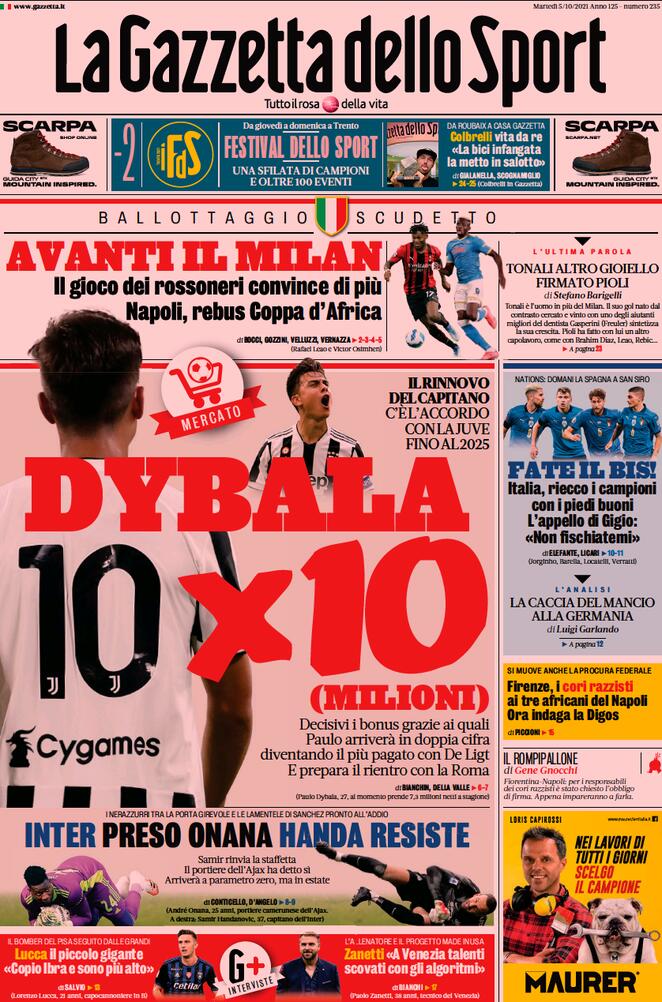 Rassegna stampa Juve: prime pagine quotidiani sportivi - 5 ottobre 2021 44 gazzetta