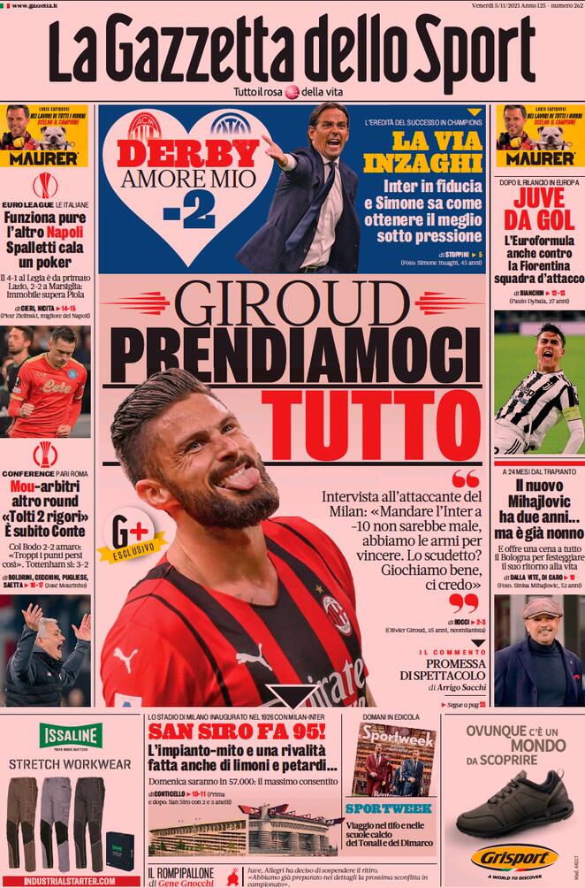 Rassegna stampa Juve: prime pagine quotidiani sportivi - 5 novembre 2021 45 la gazzetta dello sport 2021 11 05 6184cc757cb2b