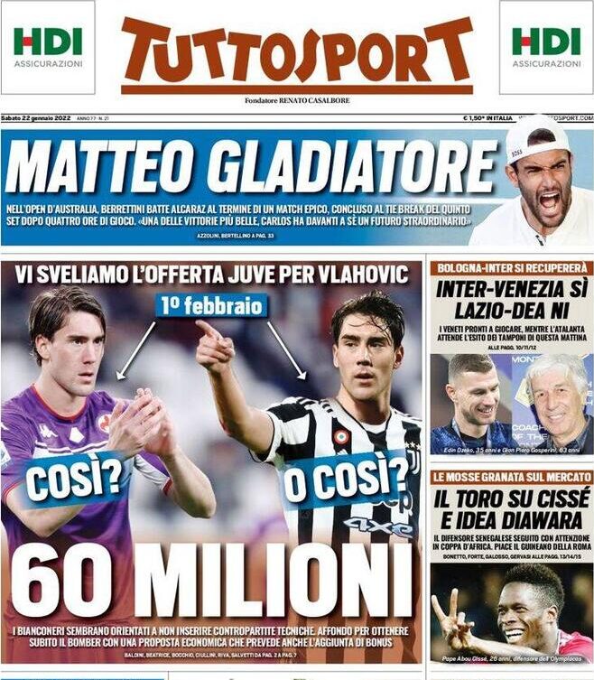 Rassegna stampa Juve: prime pagine quotidiani sportivi - 22 gennaio 2022 36 Tuttosport 22 gennaio 2022 e1642808326467