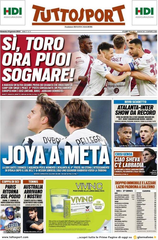 Rassegna stampa Juve: prime pagine quotidiani sportivi - 16 gennaio 2022 39 Tuttosport 7