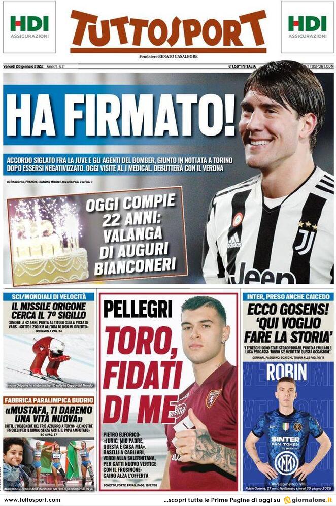 Rassegna stampa Juve: prime pagine quotidiani sportivi - 28 gennaio 2022 37 tuttosport 002059134