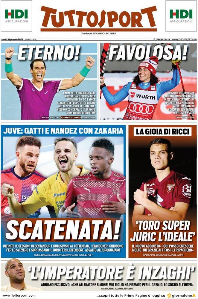Rassegna stampa Juve: prime pagine quotidiani sportivi - 31 gennaio 2022 36 tuttosport 31 gennaio 2022