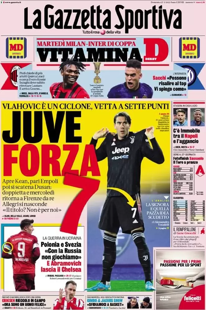 Rassegna stampa Juve: prime pagine quotidiani sportivi - 27 febbraio 2022 39 la gazzetta dello sport 010401750