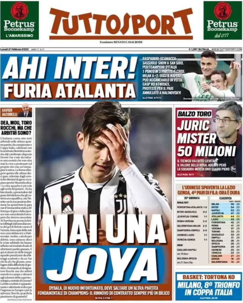 Rassegna stampa Juve: prime pagine quotidiani sportivi - 21 febbraio 2022 37 tuttosport 002408833