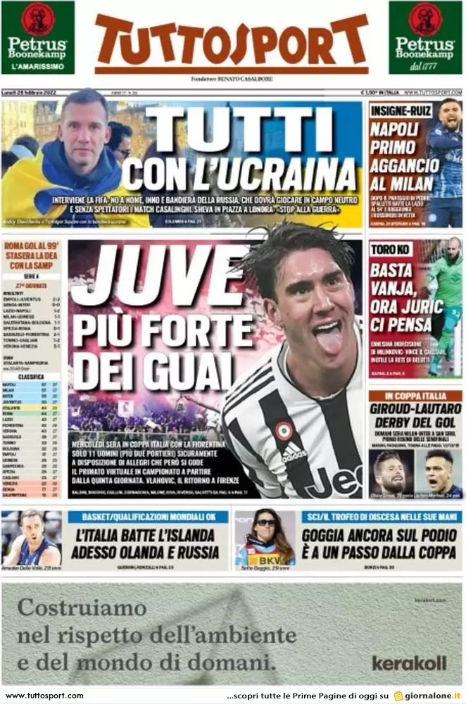 Rassegna stampa Juve: prime pagine quotidiani sportivi - 28 febbraio 2022 37 tuttosport 003950828
