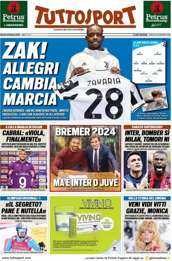 Rassegna stampa Juve: prime pagine quotidiani sportivi - 3 febbraio 2022 37 tuttosport 3 febbraio 2022jpg