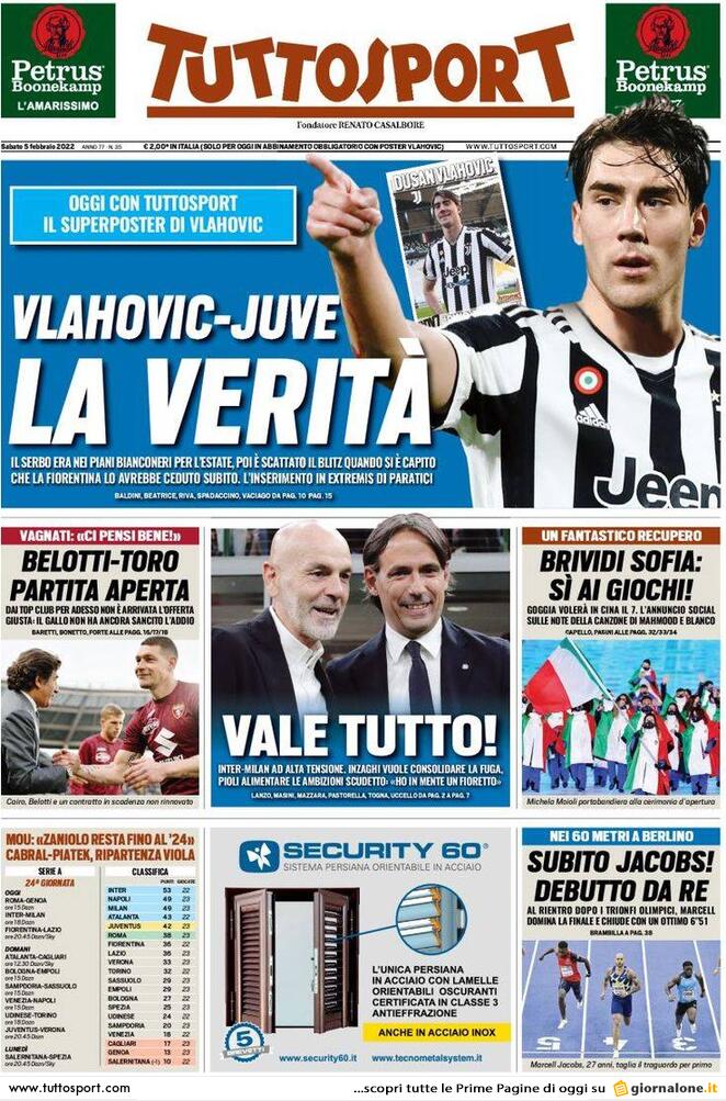 Rassegna stampa Juve: prime pagine quotidiani sportivi - 5 febbraio 2022 37 tuttosport 5 febbraio 2022