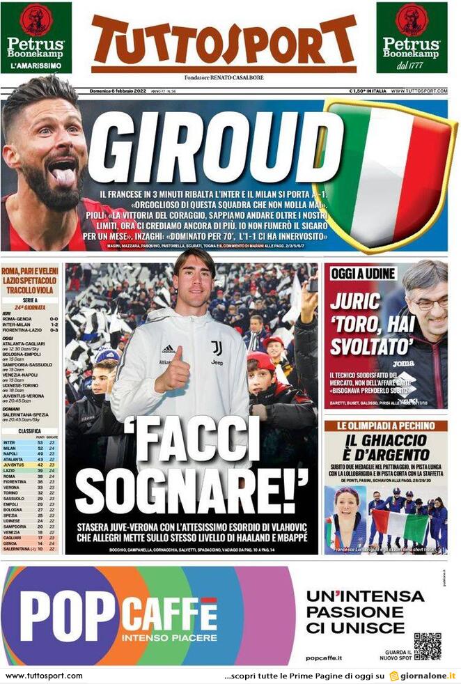 Rassegna stampa Juve: prime pagine quotidiani sportivi - 6 febbraio 2022 37 tuttosport 6 febbraio 2022jpg