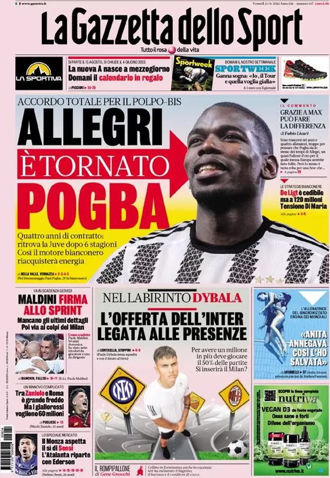 Rassegna stampa Juve: prime pagine quotidiani sportivi - 24 giugno 2022 39 la gazzetta dello sport 005303365