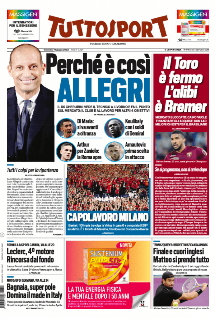 Rassegna stampa Juve: prime pagine quotidiani sportivi - 19 giugno 2022 37 tuttosport 19 giugno