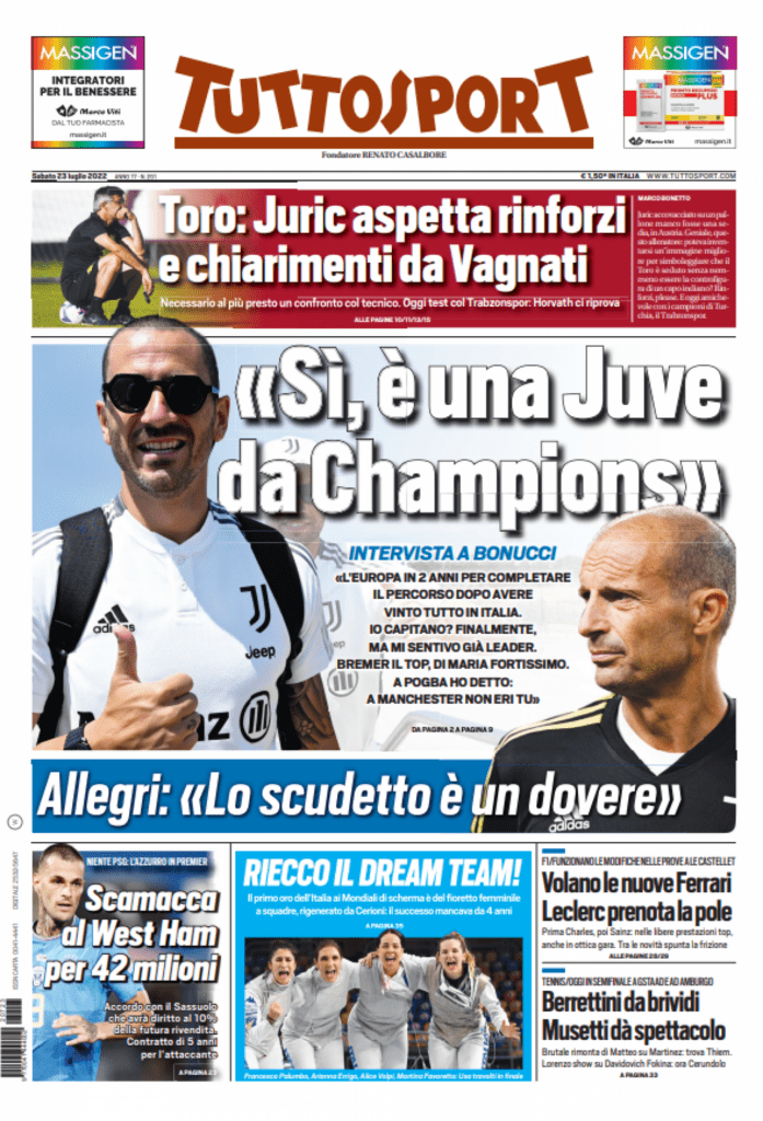 Rassegna stampa Juve: prime pagine quotidiani sportivi - 23 luglio 2022 36 tuttosport 22 luglio 2022 1