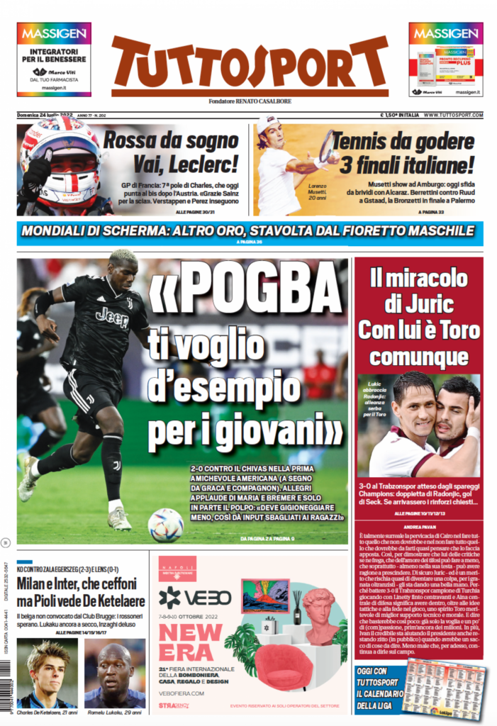 Rassegna stampa Juve: prime pagine quotidiani sportivi - 24 luglio 2022 36 tuttosport 24 luglio 2022
