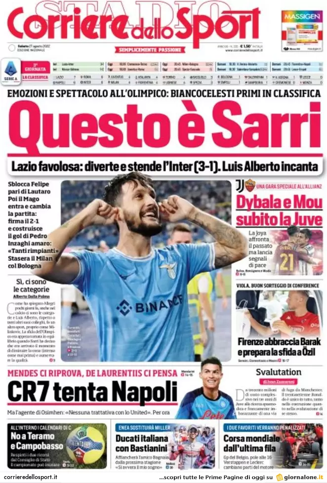 Rassegna stampa Juve: prime pagine quotidiani sportivi - 27 agosto 2022 38 Corriere dello Sport 1