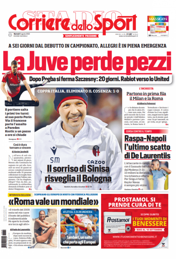 Rassegna stampa Juve: prime pagine quotidiani sportivi - 9 agosto 2022 37 cds 9 agosto 2022