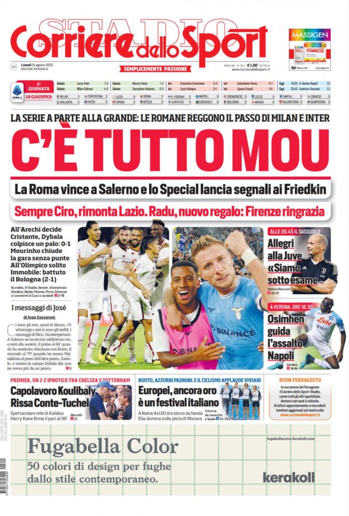 Rassegna stampa Juve: prime pagine quotidiani sportivi - 15 agosto 2022 38 corriere 1