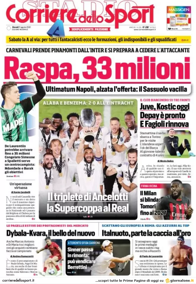 Rassegna stampa Juve: prime pagine quotidiani sportivi - 11 agosto 2022 36 corriere dello sport 001307282