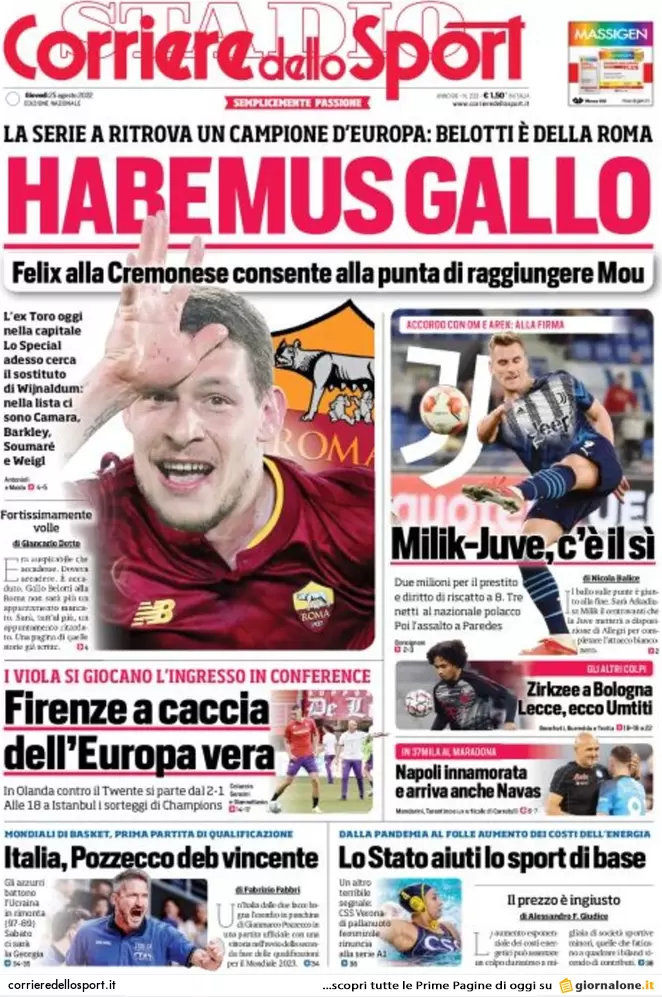 Rassegna stampa Juve: prime pagine quotidiani sportivi - 25 agosto 2022 37 corriere dello sport 003306597