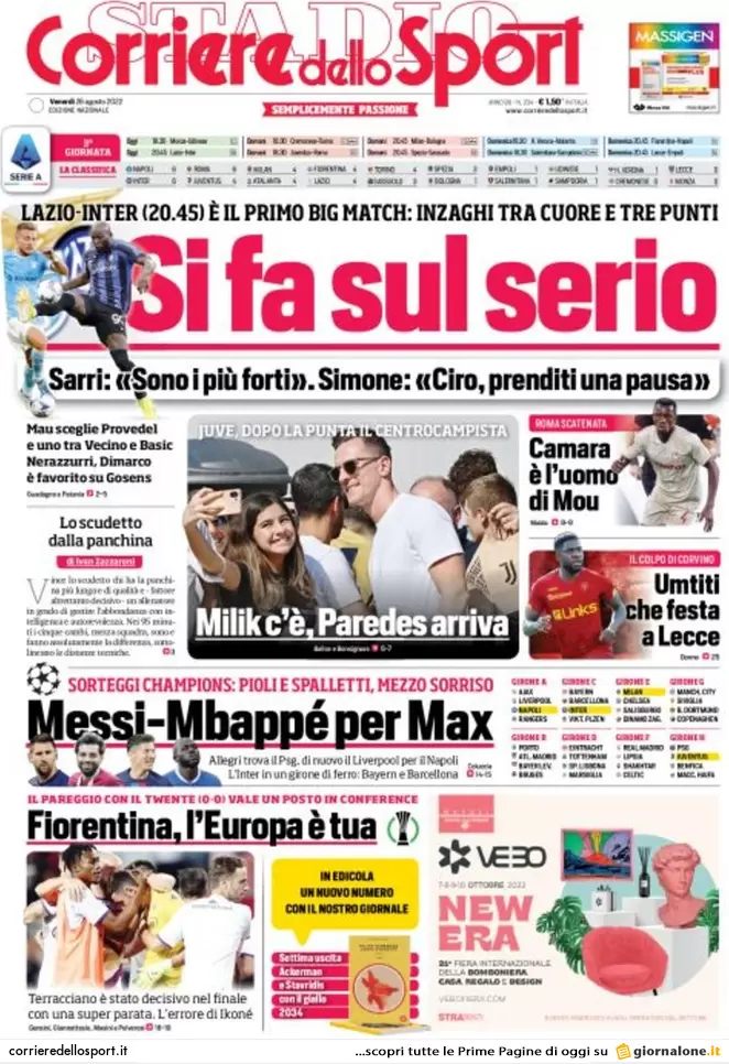 Rassegna stampa Juve: prime pagine quotidiani sportivi - 26 agosto 2022 37 corriere dello sport 003308660