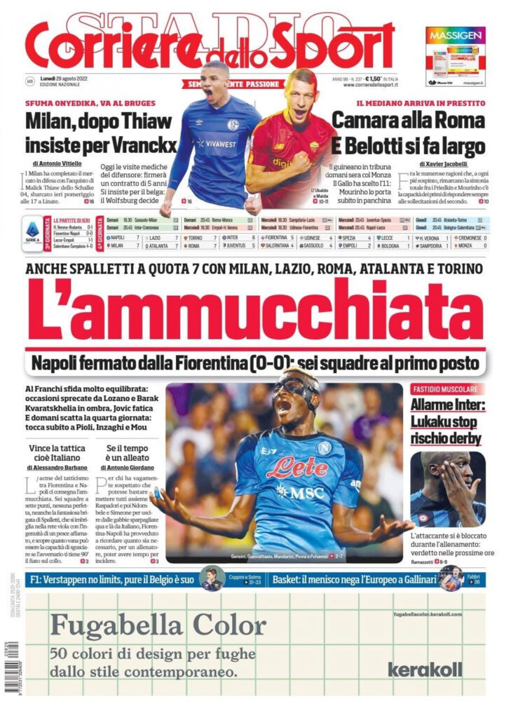 Rassegna stampa Juve: prime pagine quotidiani sportivi - 29 agosto 2022 38 corriere dello sport prima pagina 29 agosto 22