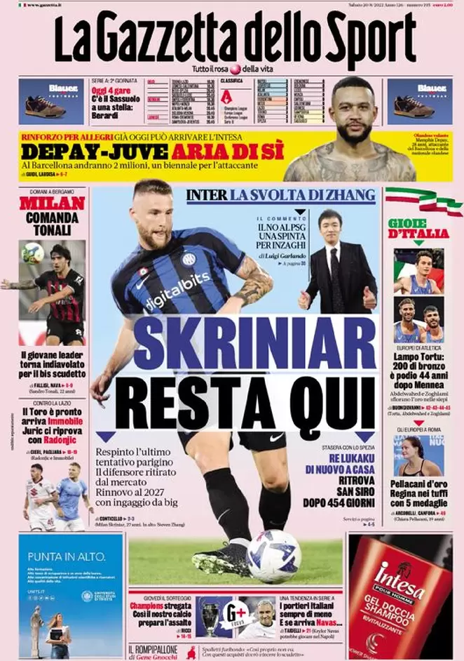 Rassegna stampa Juve: prime pagine quotidiani sportivi - 20 agosto 2022 39 la gazzetta dello sport 005304535