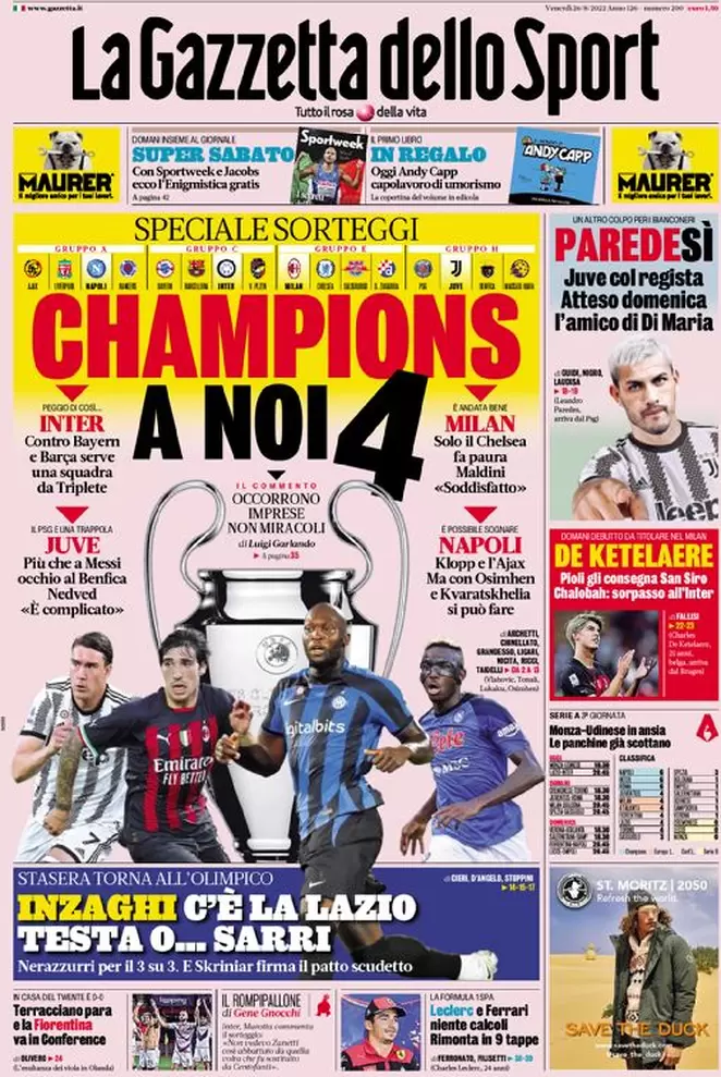 Rassegna stampa Juve: prime pagine quotidiani sportivi - 26 agosto 2022 38 la gazzetta dello sport 005308831