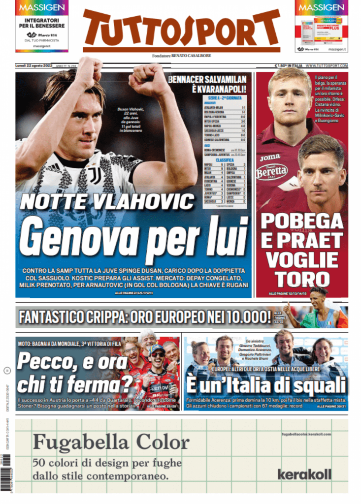Rassegna stampa Juve: prime pagine quotidiani sportivi - 22 agosto 2022 37 ts 22 agosto 2022