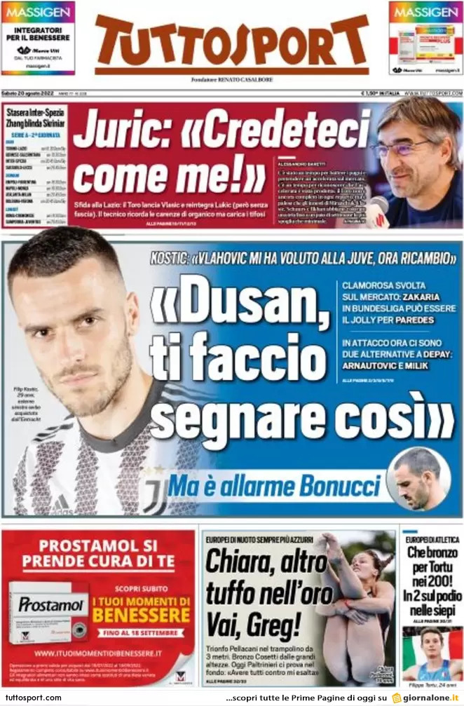 Rassegna stampa Juve: prime pagine quotidiani sportivi - 20 agosto 2022 37 tuttosport 002304174